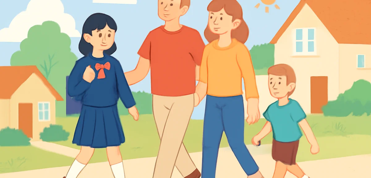 A Japanese high school student walking with a host family through a sunny suburban neighborhood over