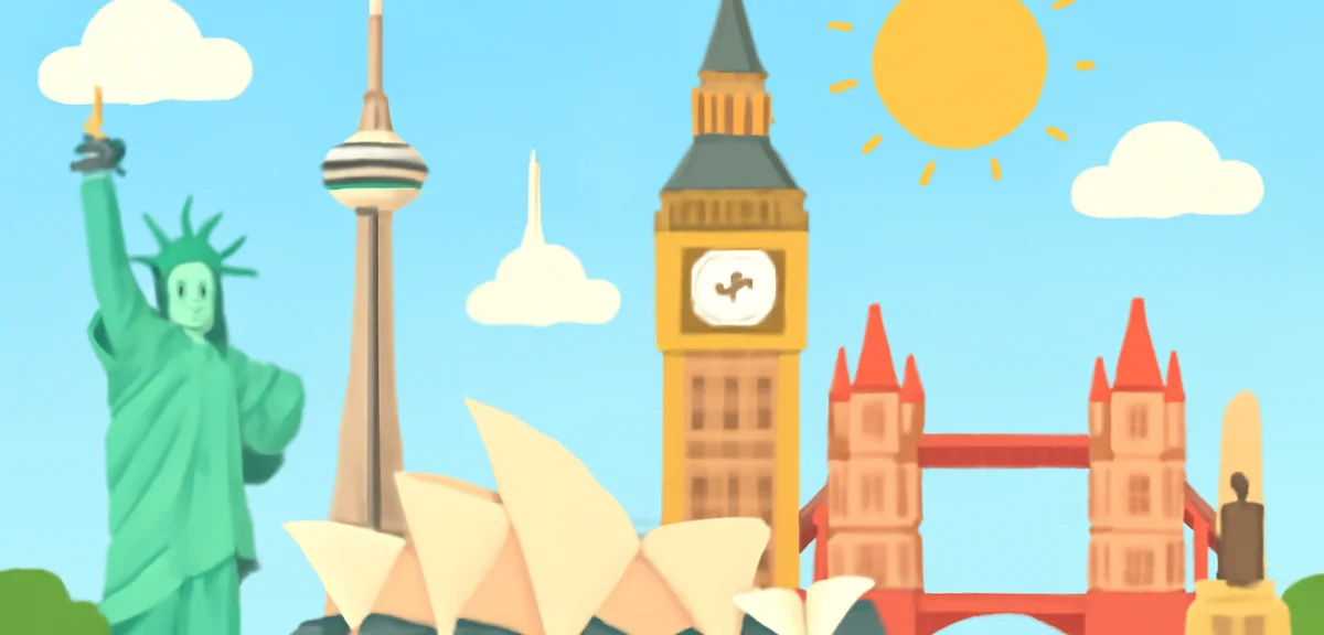 A wide shot comparing iconic landmarks of USA, Canada, Australia, UK and Philippines collaged togeth