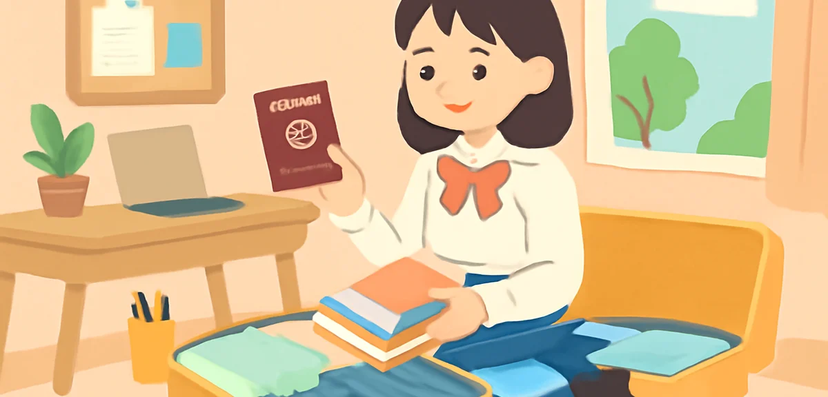 A Japanese high school student packing a suitcase with passport, textbooks and clothes for summer st