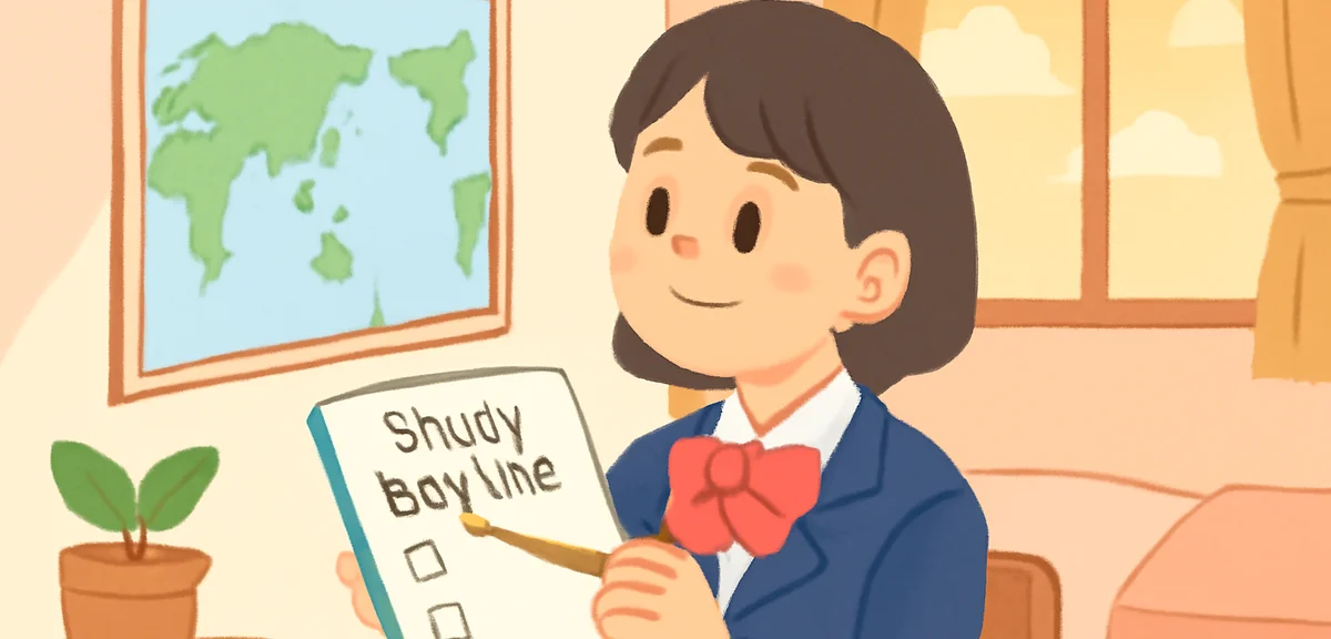 A Japanese high school student looking thoughtfully at a world map on a bedroom wall, holding a note
