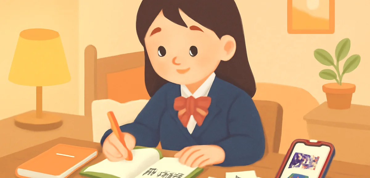 A Japanese high school student studying English at a desk before departure, with vocabulary notebook