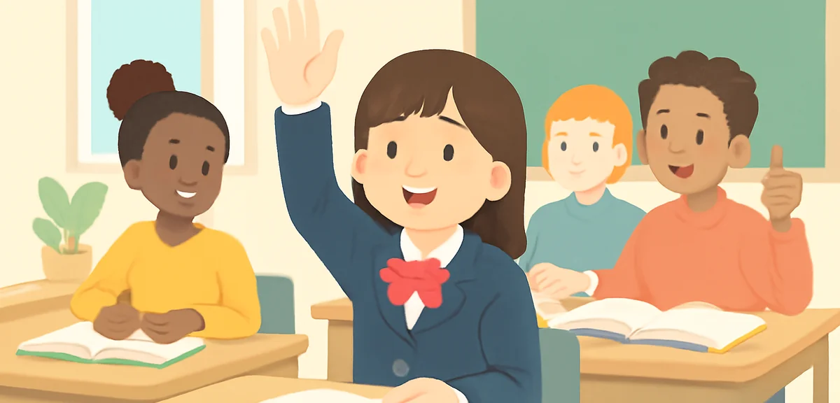 A Japanese high school student in a language school classroom abroad, sitting with international cla