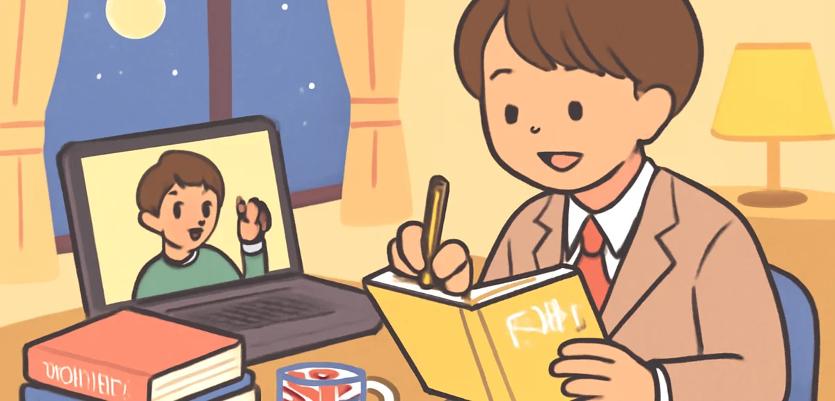 A Japanese high school student back home reviewing English notes from study abroad, video calling a