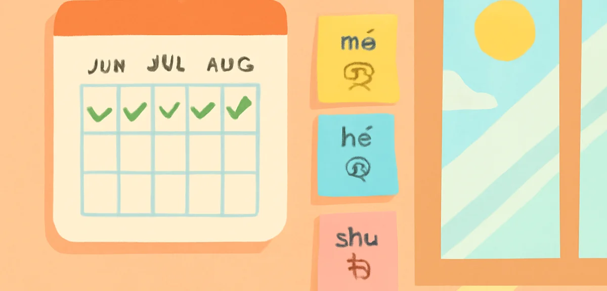 Calendar showing summer months with Chinese learning schedule, colorful sticky notes with pinyin and