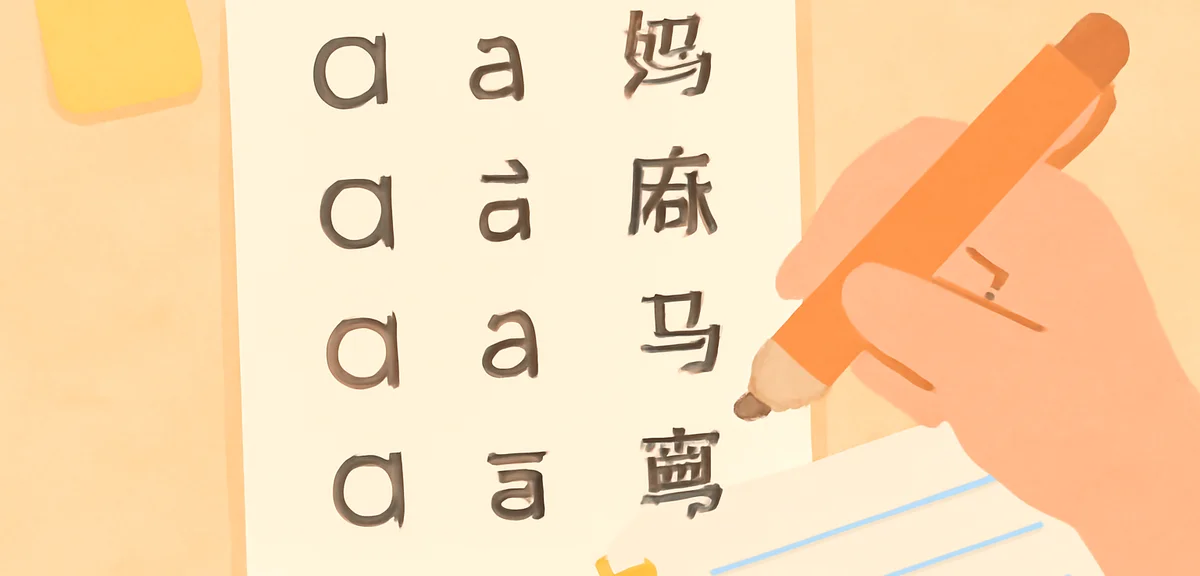 Close-up of pinyin chart with four tone marks, Chinese characters next to romanization, a hand holdi