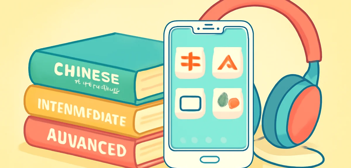 Stacked Chinese language textbooks for beginner intermediate and advanced levels, smartphone showing