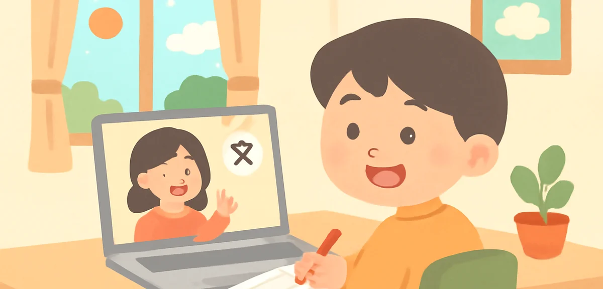 Smiling student in front of laptop having online Chinese lesson with teacher on screen, cozy summer