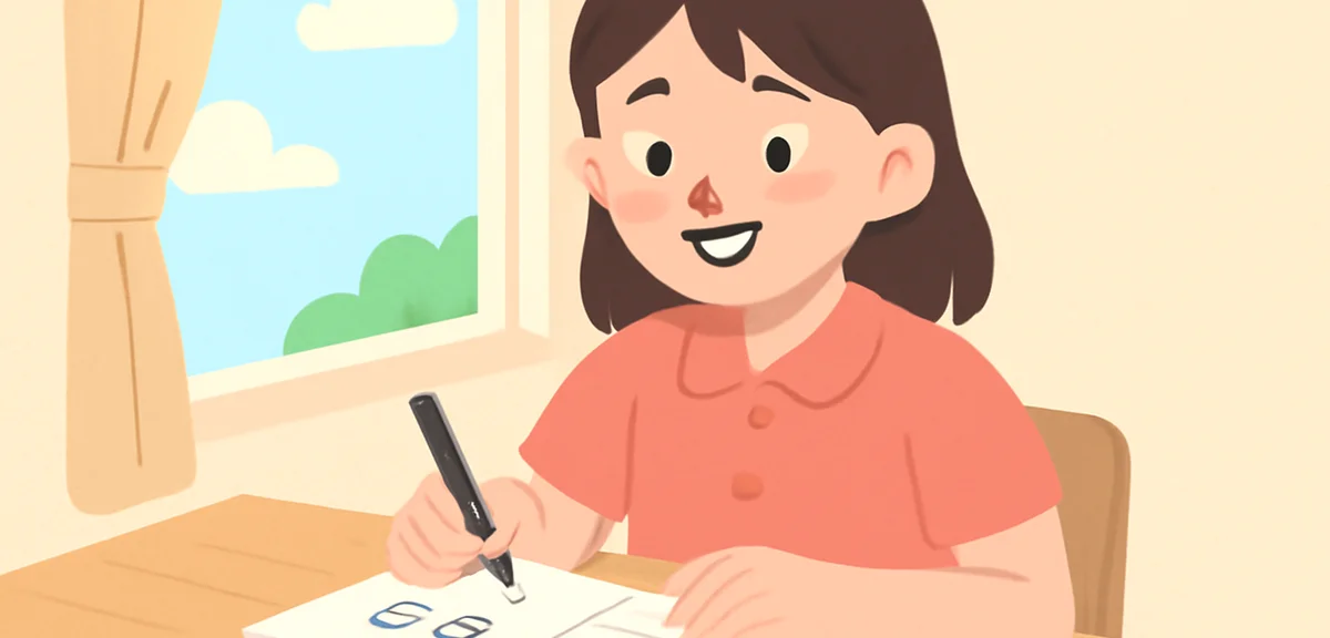 A young Japanese student smiling while writing hangul characters in a notebook on a summer day, soft