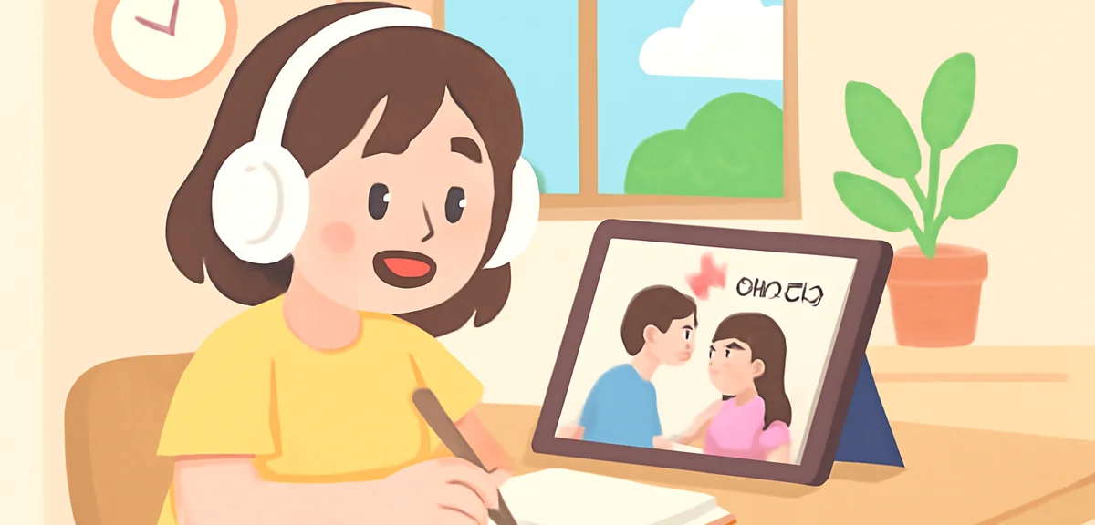 A teenager wearing headphones watching a Korean drama on a tablet while taking notes, cozy summer ro