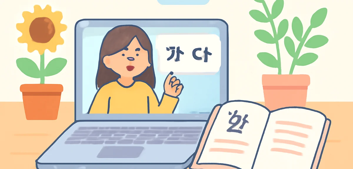 A calm online Korean lesson scene with laptop showing a teacher, textbook open, summer plants in the