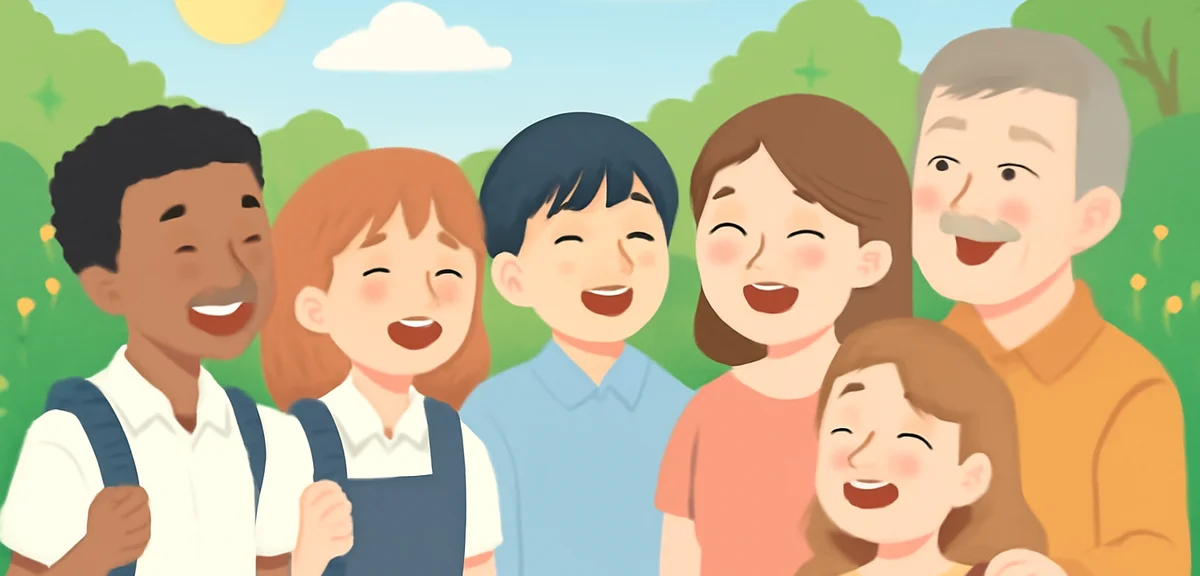 A group of international high school students laughing together in a sunny garden with a host family