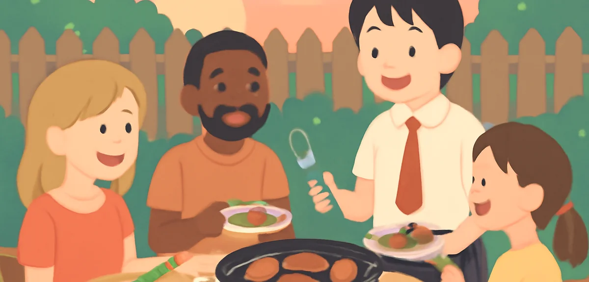 A Japanese high school student enjoying a barbecue dinner with an American host family in a backyard