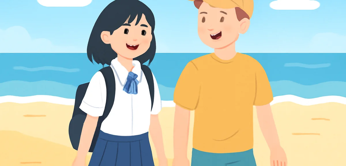A Japanese high school student walking on a beach in Australia with a host sibling, blue sky and oce