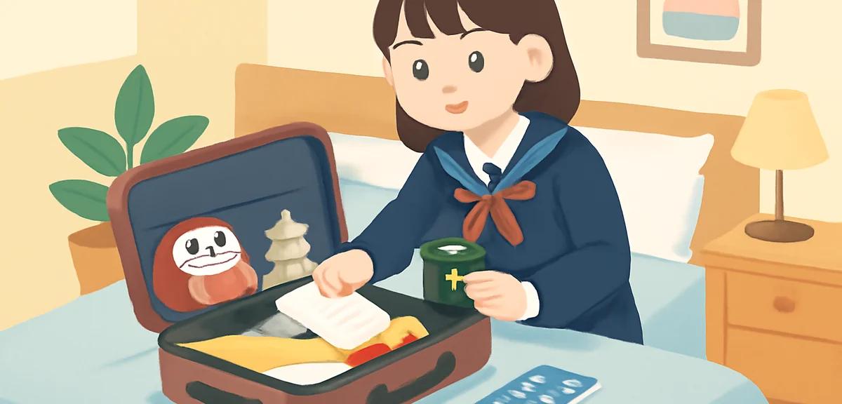A Japanese high school student packing a suitcase with passport, travel documents, and Japanese souv