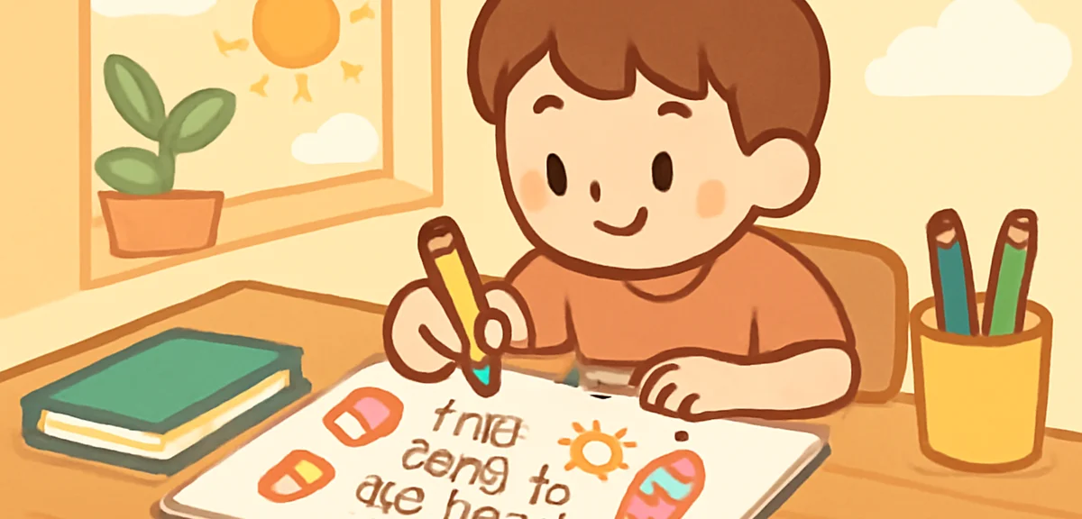 A young student writing English sentences in a notebook with summer vacation themed doodles around t