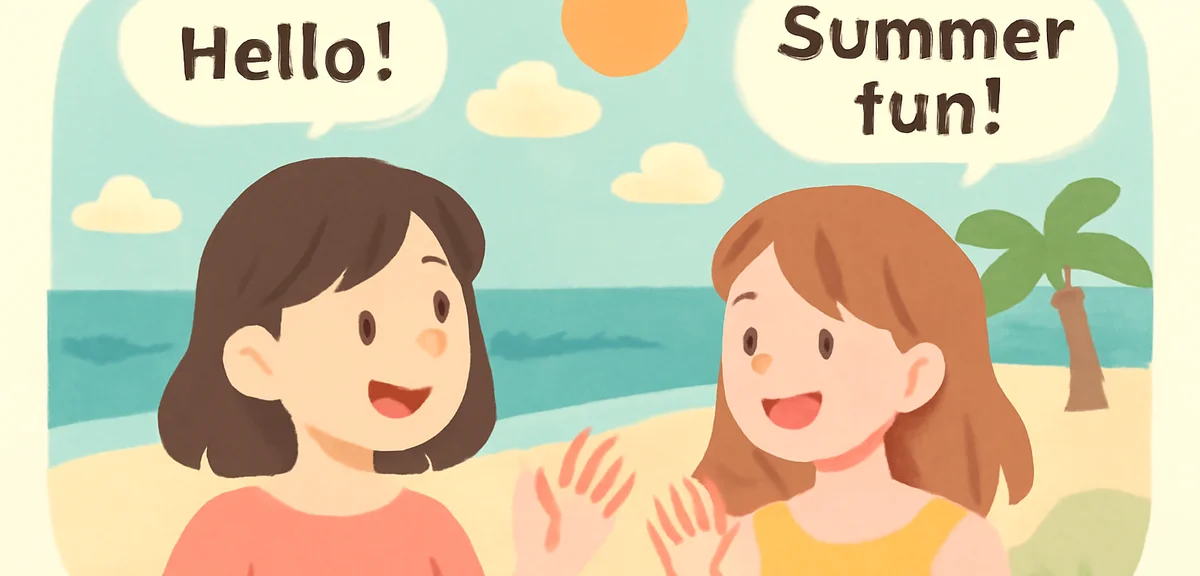 Two friends having a cheerful conversation in English at a beach with speech bubbles showing summer