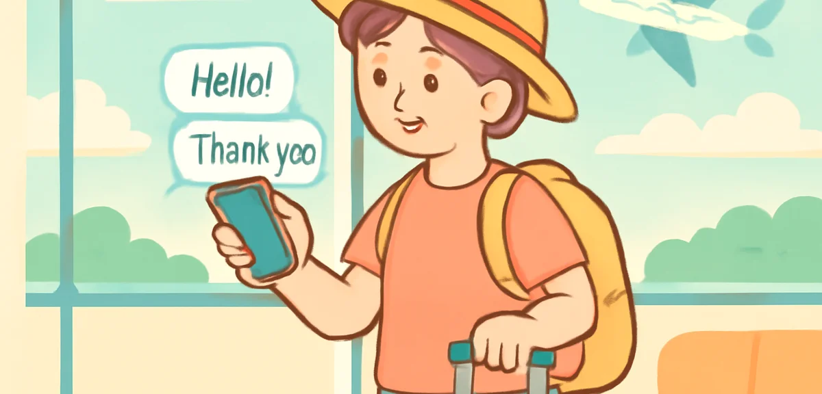 A traveler at an airport with a suitcase, looking at a phone showing English travel phrases, summer