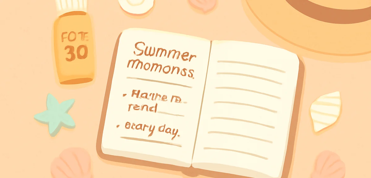 An open journal with handwritten English diary entries about summer memories, surrounded by seashell