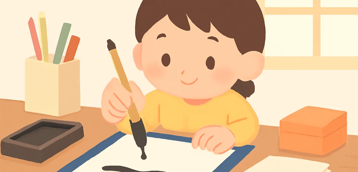 A child's hand carefully holding a calligraphy brush over washi paper, ink dripping slightly, soft n