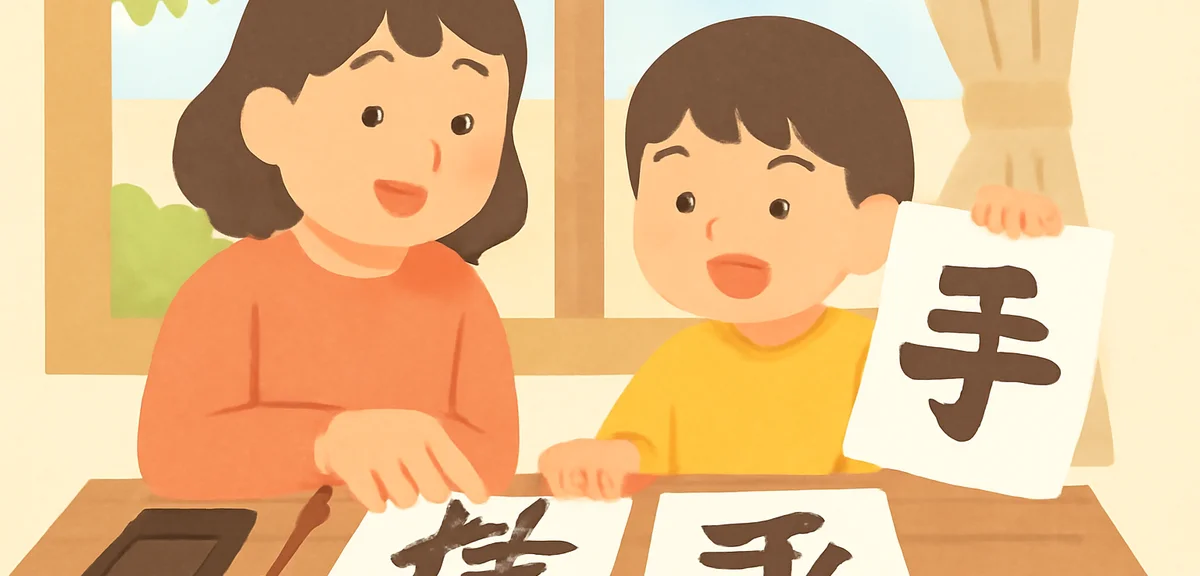 A parent and child reviewing finished calligraphy works together at a wooden table in a Japanese hom
