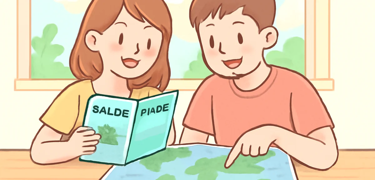 Travelers comparing world map and guidebook on a wooden table, summer travel planning scene, natural