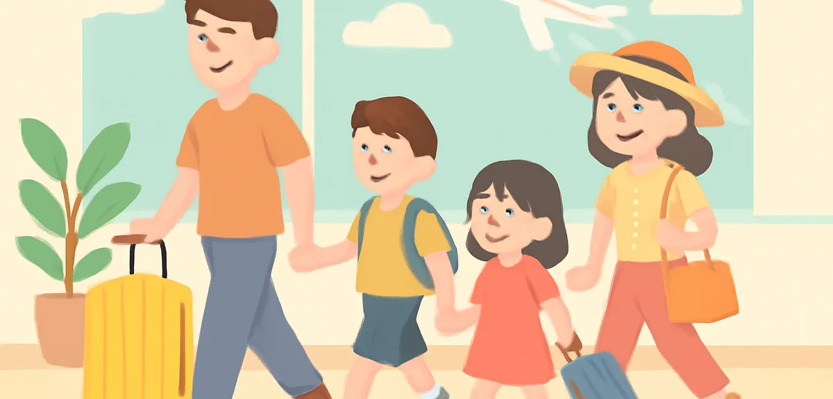 A family of four with luggage walking through an international airport terminal, smiling, summer vac