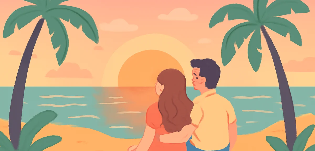 A young couple watching sunset on a tropical beach with palm trees, romantic summer holiday atmosphe