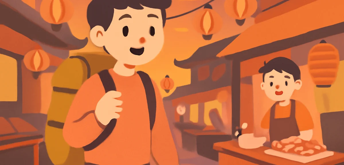 A solo backpacker exploring a vibrant Asian street market at dusk, lanterns and food stalls, warm or