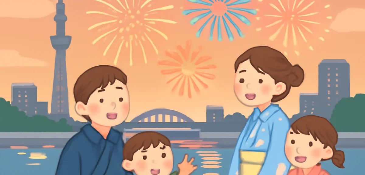 Family in yukata enjoying a large fireworks display in Tokyo Sumida river, warm summer evening, brig