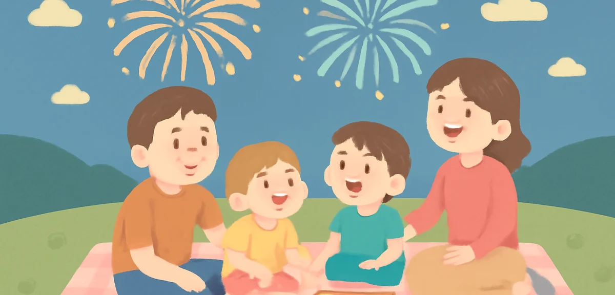 Family with small children sitting on a leisure sheet at a quieter fireworks viewing spot, picnic st