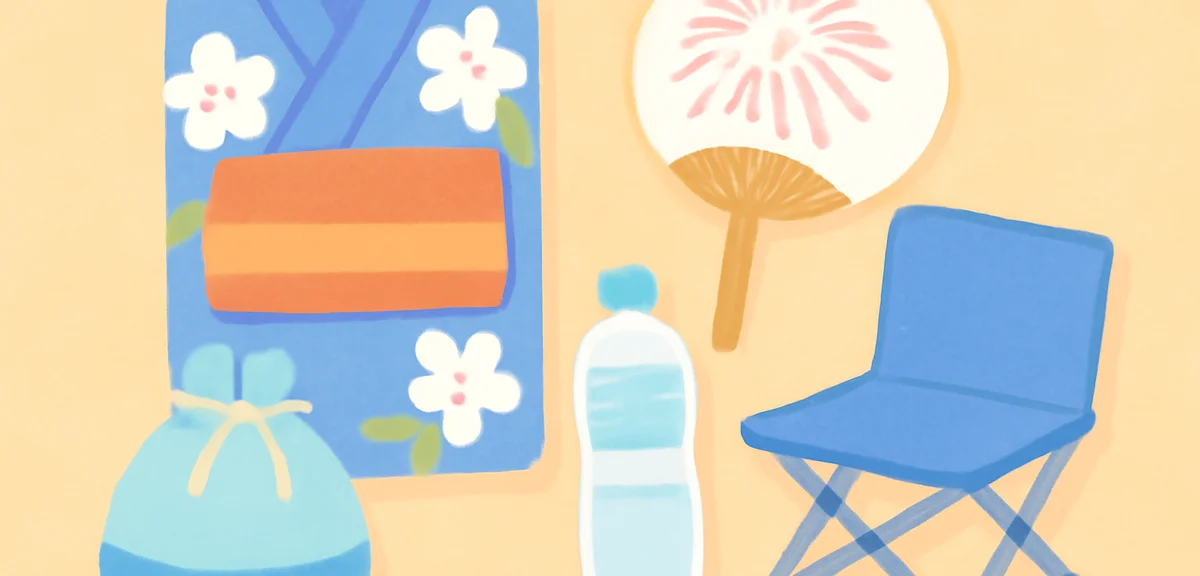 Close-up of yukata, uchiwa fan, portable chair, water bottle and small bag prepared for a Japanese s