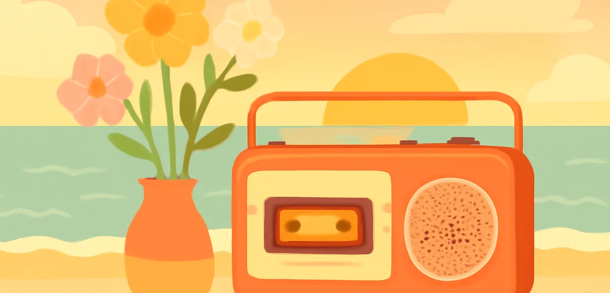 A vintage cassette player with summer flowers and seaside view, nostalgic Showa-era atmosphere, warm