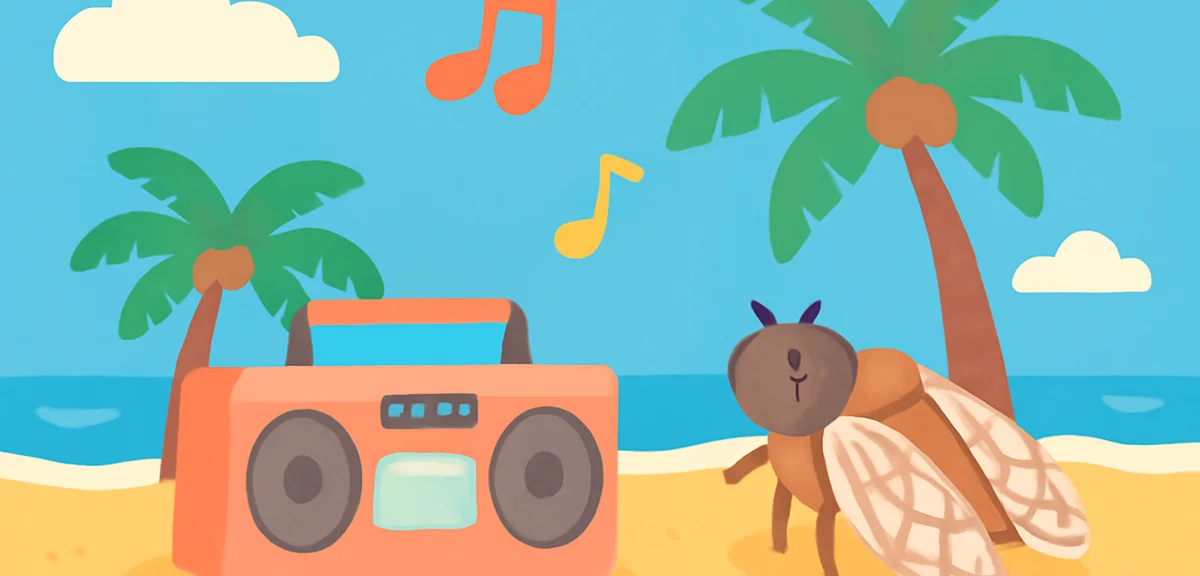 A 90s style boombox on a beach with cicada and palm trees, vibrant blue sky, retro pop music vibes