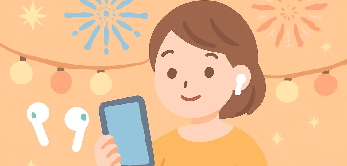 Modern smartphone with wireless earphones, summer festival lights and fireworks in background, conte