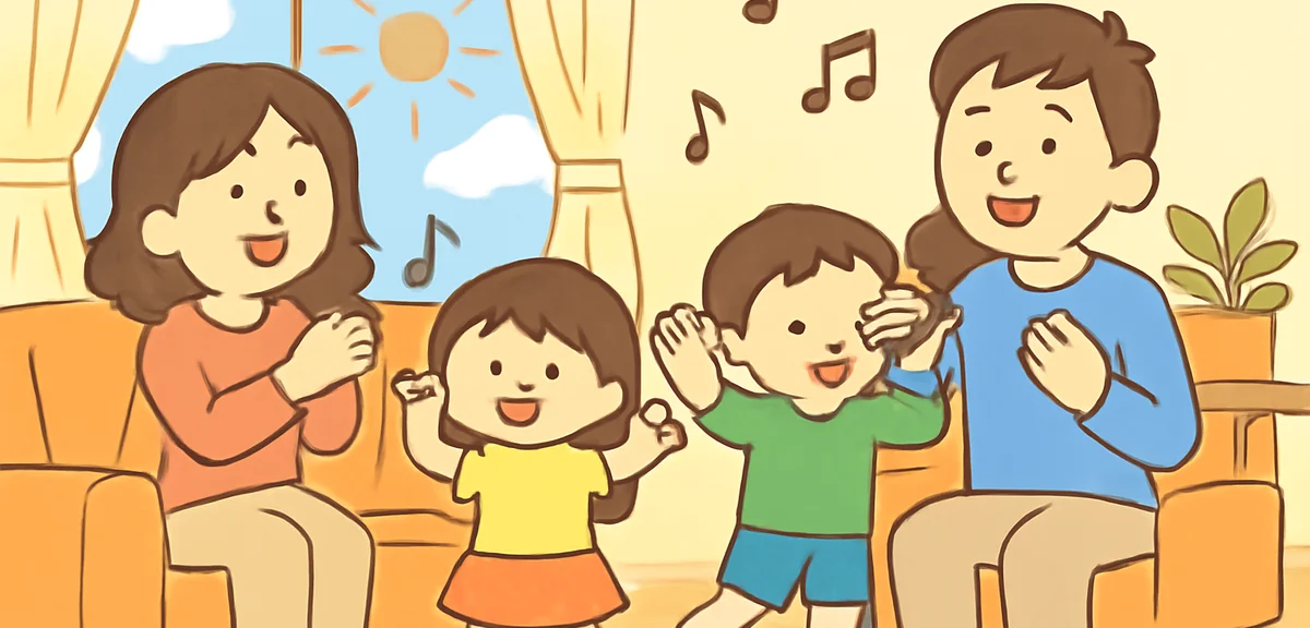 Family singing together at home with karaoke microphone, children dancing, bright summer afternoon,