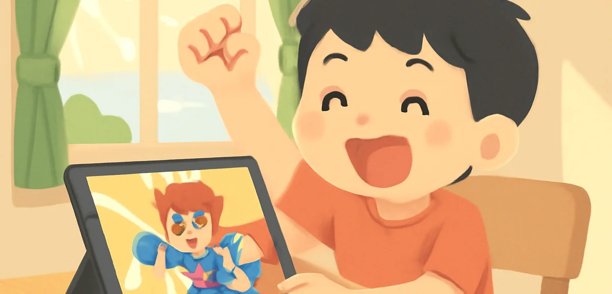 A young Japanese boy excitedly watching an action anime on a tablet at home in summer, fist raised i