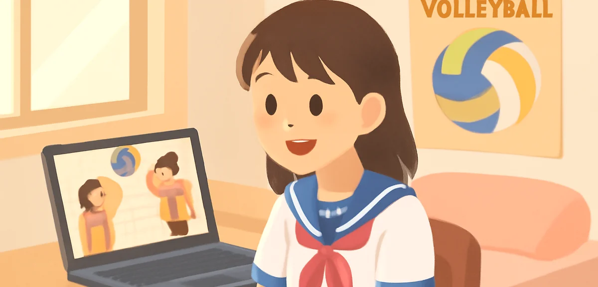 A Japanese high school student in summer uniform watching a sports anime on a laptop in her room, sm