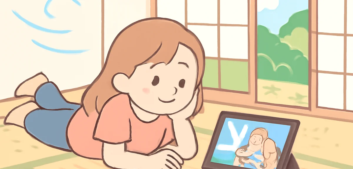 A teenage girl lying on tatami floor watching a fantasy anime on a tablet, summer breeze through ope