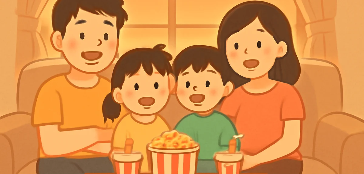A Japanese family of four sitting on the sofa watching an anime movie together in summer evening, po