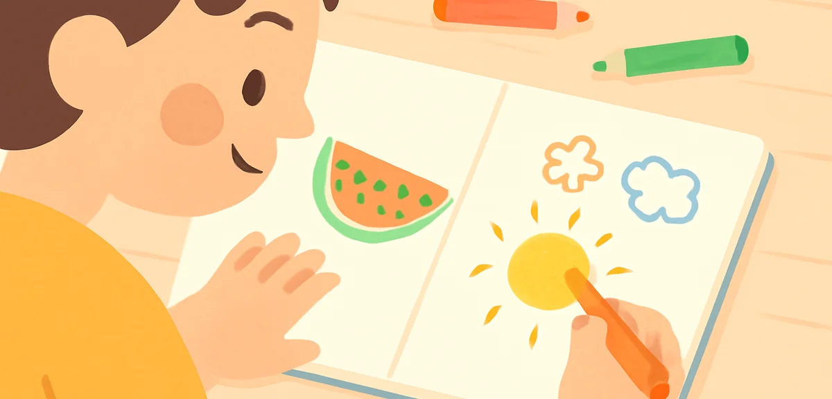 A child's hand drawing simple summer doodles with colored pencils on a notebook, watermelon and sun