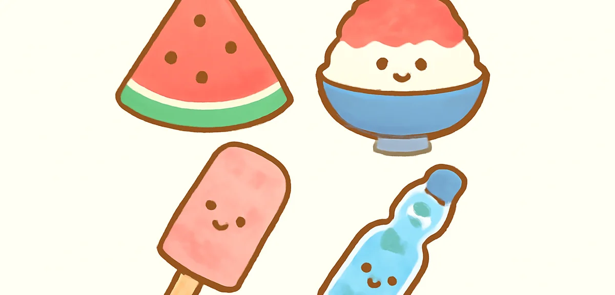 Cute hand-drawn illustrations of summer foods on a white background: watermelon slice, shaved ice, p