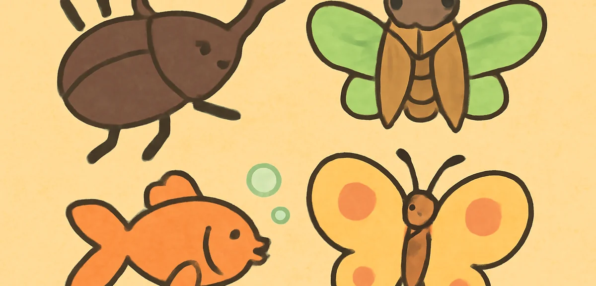Simple cartoon illustrations of summer creatures: beetle, cicada, goldfish, butterfly, drawn with th