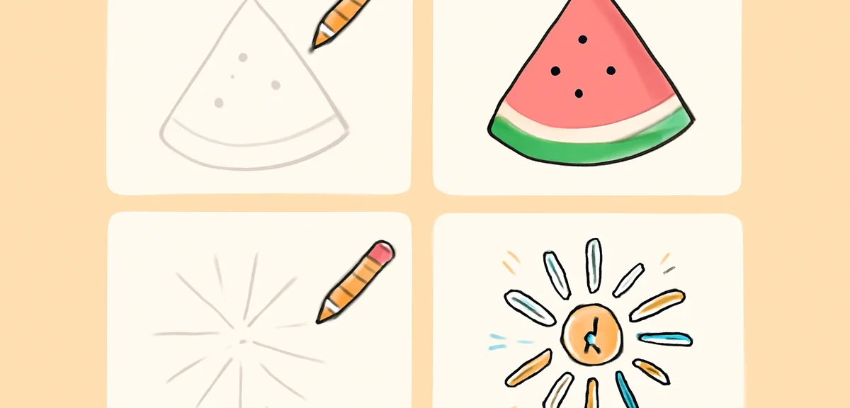 Step-by-step drawing guide showing how to draw a simple watermelon and fireworks, pencil sketches tr