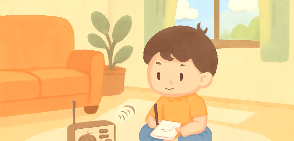 A cozy living room scene where a child is sitting cross-legged in front of a small radio with a note