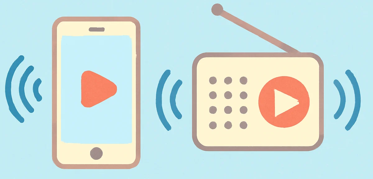 Illustration of a smartphone and a radio side by side, with sound waves and play buttons, representi