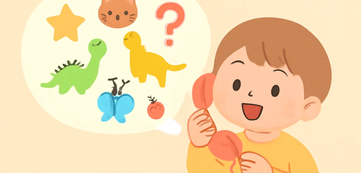 A child holding a telephone receiver with a thought bubble showing animals, insects, stars and dinos
