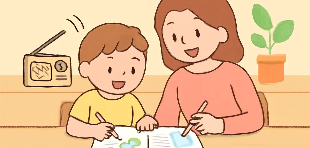A parent and child working together on a summer research notebook at the kitchen table, with a radio