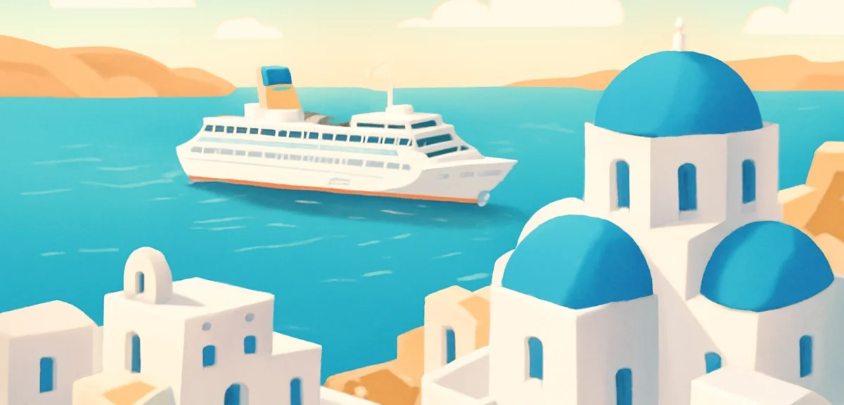 Mediterranean cruise ship anchored near Santorini white houses, turquoise sea, summer afternoon ligh
