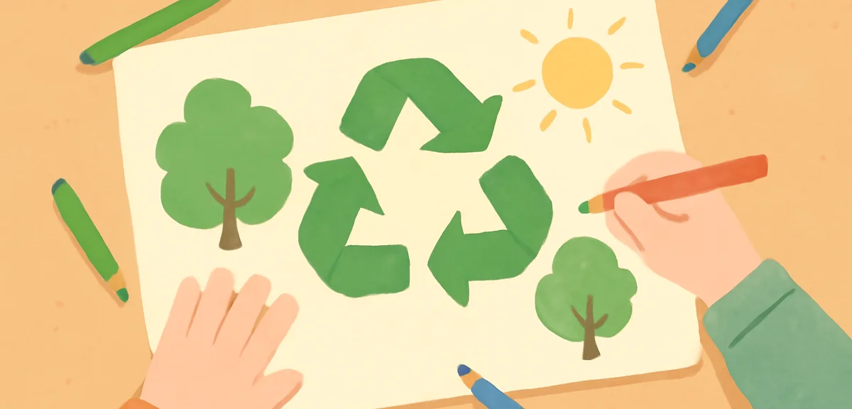 Children's hands drawing environment poster with colored pencils, recycling symbols and trees, top-d