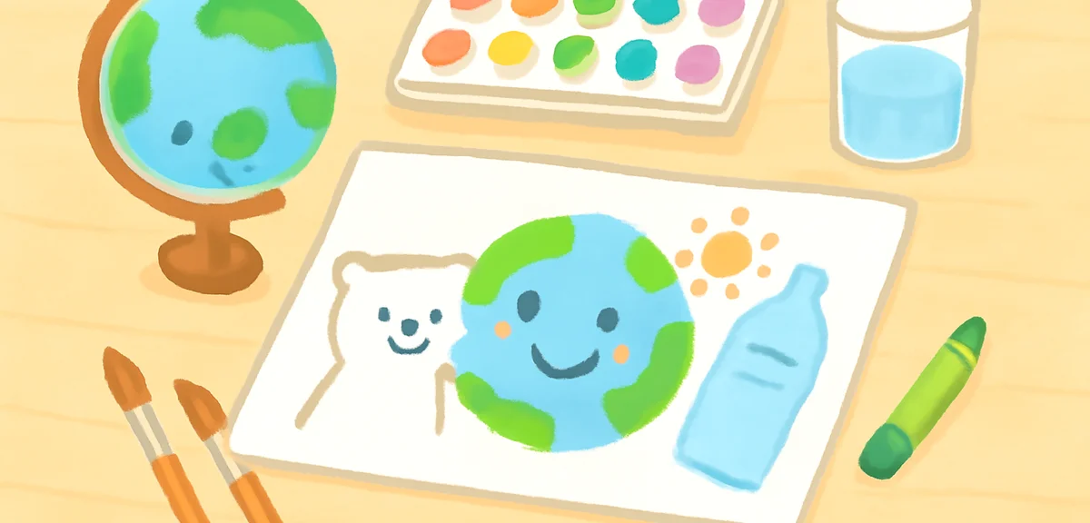 Illustration of SDGs themed kids artwork on desk, with globe, polar bear, and plastic bottle, bright